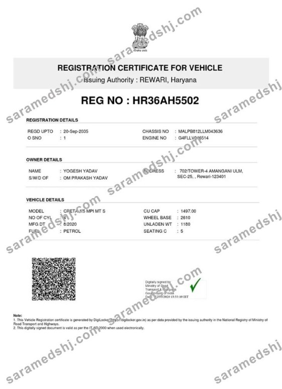 India vehicle registration certificate